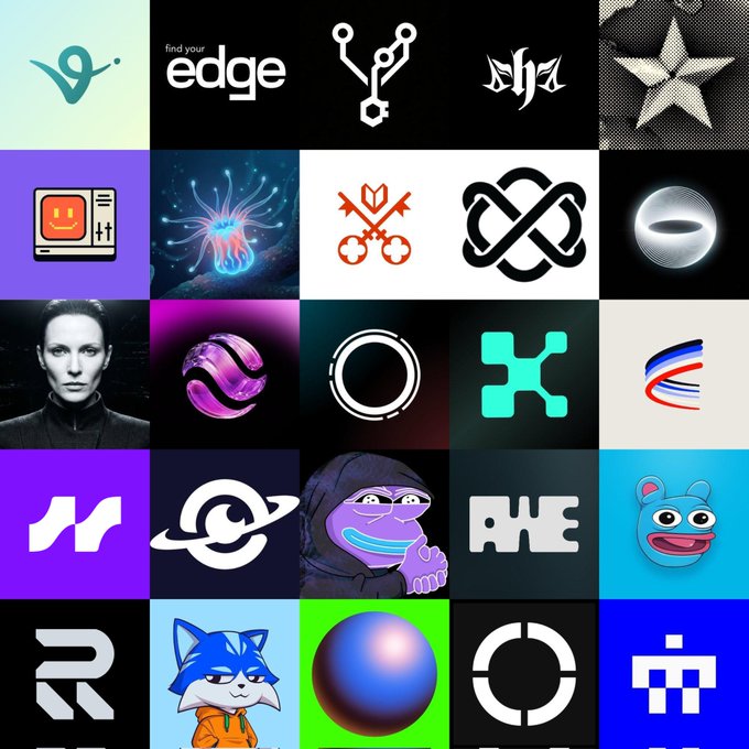 A grid of 16 logos, including "Edge", "O", "X", and "Z", is arranged in a 4x4 pattern against a black background.