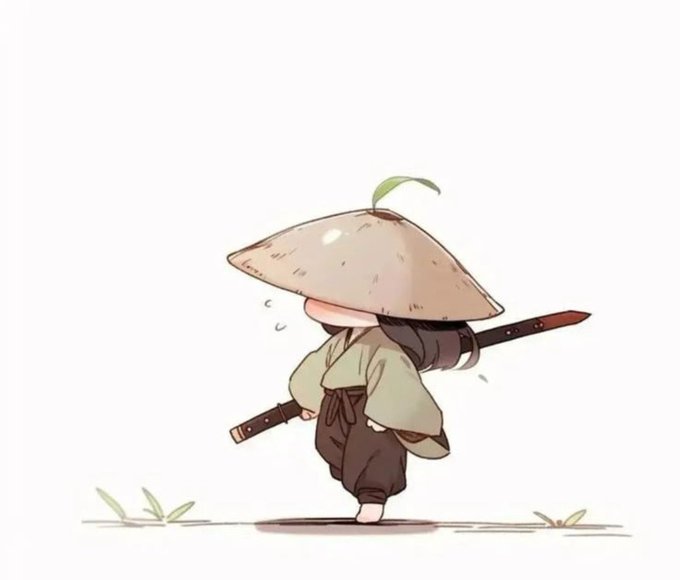 A cute chibi-style illustration of a small samurai warrior wearing an oversized straw hat and carrying a large katana on their back, standing on a patch of grass. The image's martial arts/roundhouse kick visual humorously ties to the post's theme of fighters (Bitcoin bulls) being prematurely written off as "knocked out" by a minor 32 BTC sale, emphasizing how such a small move ($2.5M) is insignificant in the broader crypto market.