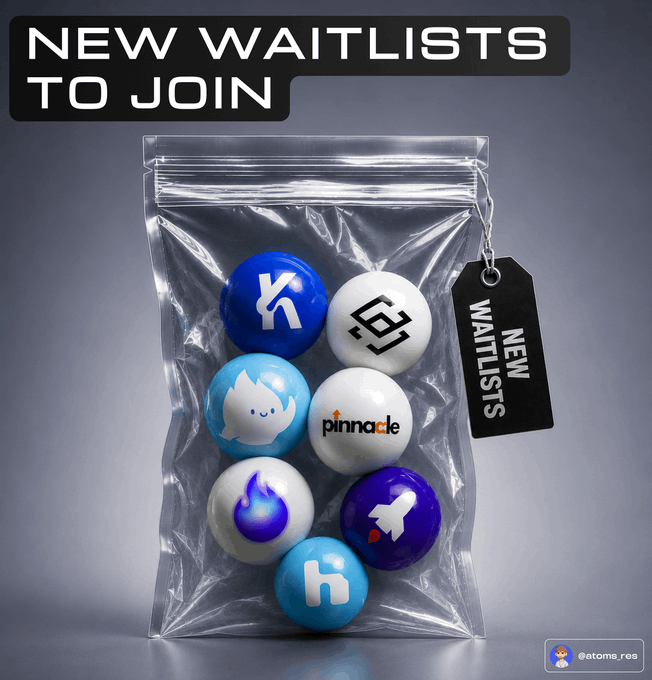 A clear plastic bag containing seven branded ball markers displays logos including "K" (Kor Protocol), a square monogram, a flame character, "pinnacle," a blue flame, a rocket, and "h," with a black "NEW WAITLISTS" tag attached. The image promotes a curated list of new crypto project waitlists, visually represented as collectible tokens inside a sealed package.