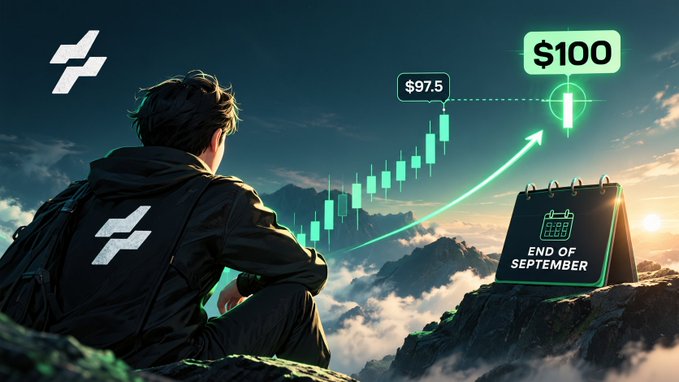 A digital illustration shows a person in a black hoodie with a logo sitting on a mountain peak, looking at a glowing green candlestick chart rising to '$100' with a calendar marked 'END OF SEPTEMBER' and a '$97.5' label.