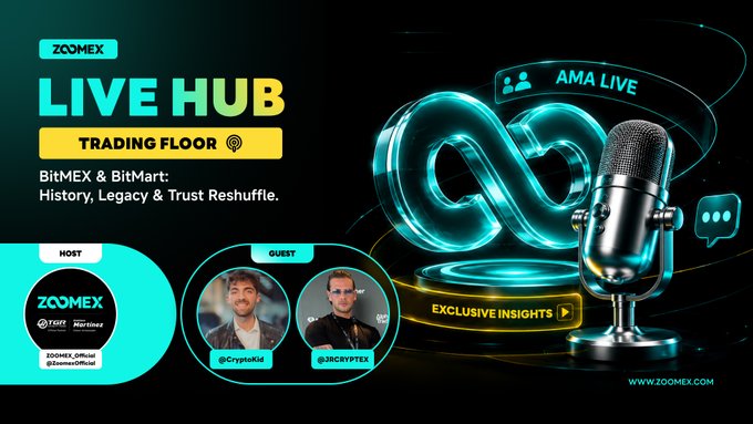 A promotional graphic for 'ZOOMEX LIVE HUB TRADING FLOOR' featuring an AMA Live event titled 'BitMEX & BitMart: History, Legacy & Trust Reshuffle' with host @Zoomex_Official and guests @CryptoKid and @JRCryptPTX.