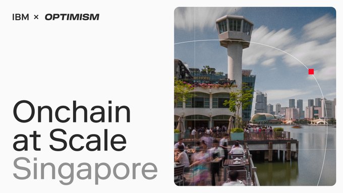 A promotional banner for an "IBM x Optimism: Onchain at Scale Singapore" event featuring a waterfront cityscape with a control tower and crowds gathered at an outdoor venue, visually representing the gathering of 70 senior industry leaders at Token2049 in Singapore.