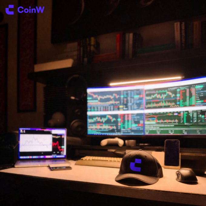 A dimly lit cryptocurrency workspace featuring multiple monitors displaying trading charts, a laptop, a CoinW-branded cap, keyboard, and headphones, with the 'CoinW' logo in the top-left corner.