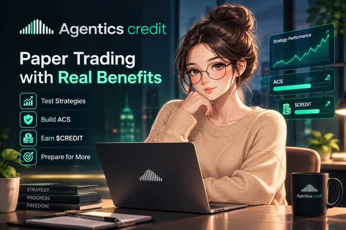 A promotional graphic for 'Agentics credit' featuring an illustrated woman with a laptop, advertising 'Paper Trading with Real Benefits' including features like 'Test Strategies' and 'Earn $CREDIT'.