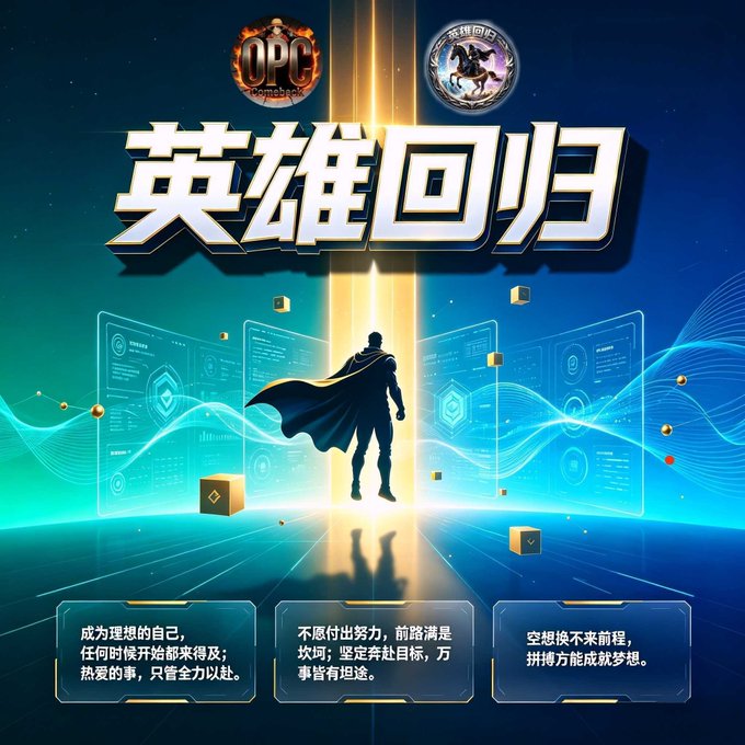 A digital promotional graphic featuring a silhouetted superhero figure surrounded by glowing blue data screens and gold cubes, with Chinese text reading '英雄回归' (Hero Returns) and two logos at the top including one labeled 'OPG'.