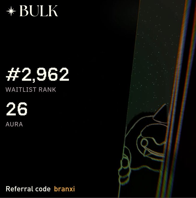 The image shows a black background with white text that reads "Bulk" at the top, followed by "aura" and "aura rank". Below this, there are two numbers - 2,962 and 26. The image also contains a reference code, "branxi", which is likely meant to be used for a cryptocurrency exchange or trading platform.