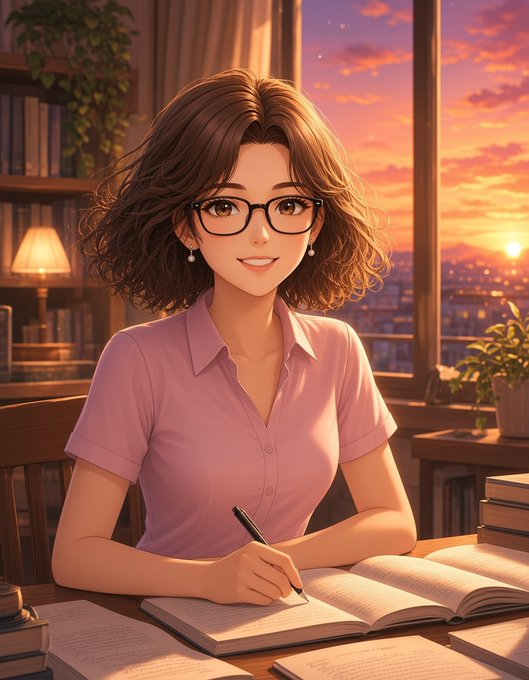 An anime-style illustration of a woman with glasses and a pink shirt writing in a notebook at a desk, with bookshelves and a sunset visible through a window behind her.