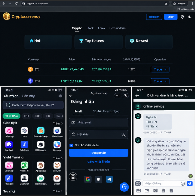 A screenshot collage shows a cryptocurrency trading website displaying BTC and ETH prices, alongside mobile app screens in Vietnamese for a 'Cryptocurrency' trading platform featuring various DApps like Uniswap and PancakeSwap.