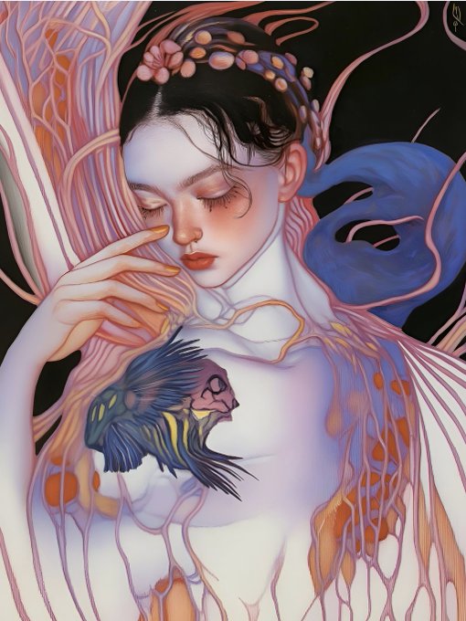 A stylized digital illustration of a serene woman with closed eyes, her body intertwined with pink tendrils and a blue lionfish resting near her chest, set against a black background.