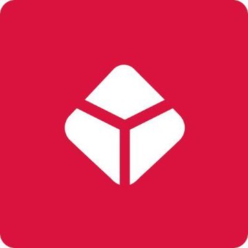 A red square app icon featuring a white geometric logo resembling an open box or stylized cube.