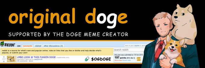 The image is a banner for "$OGDOGE" on Moby, featuring the text "original doge" alongside the phrase "SUPPORTED BY THE DOGE MEME CREATOR," with illustrations of a man and a Shiba Inu dog, and a screenshot of a Reddit thread displaying a 197% price increase for the token.