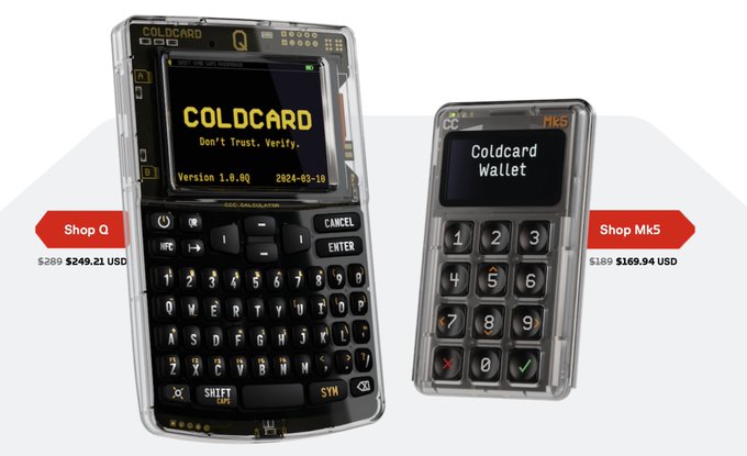 Two COLDCARD hardware wallets are displayed side by side—the Q model priced at $249.21 USD (marked down from $289) showing "Version 1.0.00" and dated 2024-03-10, and the MK5 model priced at $169.94 USD (marked down from $189) labeled "Coldcard Wallet"—illustring the secure self-custody devices featured in the post about safeguarding bitcoin after a crypto bank loss.