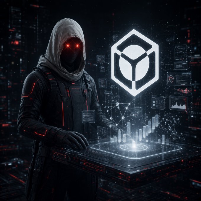 AI-generated digital art of a hooded figure with glowing red eyes interacting with a holographic interface displaying a logo and 3D data charts.