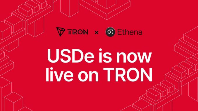 A promotional graphic with a red background and geometric pattern announcing 'USDe is now live on TRON' in collaboration with TRON x Ethena.