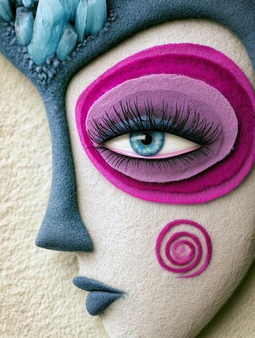 An extreme close-up of a felt art piece featuring a blue eye surrounded by vibrant pink and purple circular patterns, with a blue crystal-adorned headpiece.