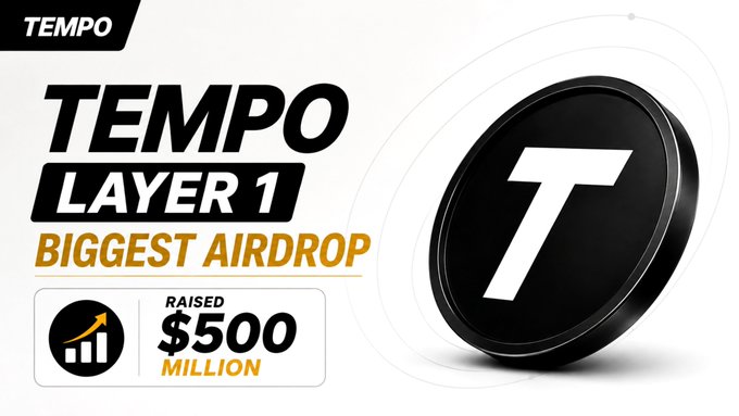 A promotional graphic for 'TEMPO LAYER 1' advertises the 'BIGGEST AIRDROP' with $500 million raised, featuring a large black coin with a white 'T' logo.