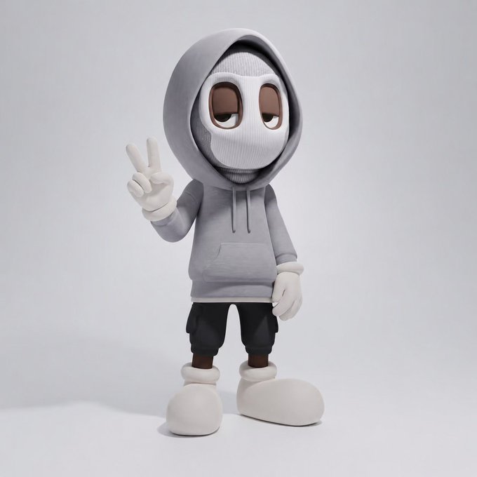 A 3D-rendered character wearing a gray hoodie, black shorts, and large white shoes, giving a peace sign with one hand, featuring large brown eyes and a mask-like face.