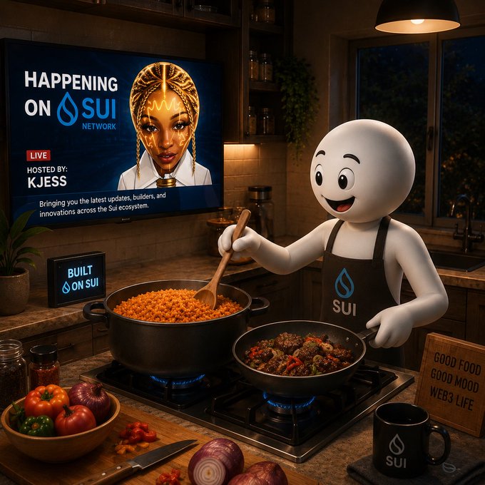 A 3D-rendered mascot cooking in a kitchen, with a TV displaying 'HAPPENING ON SUI NETWORK' hosted by KJess, alongside items branded with the SUI logo.