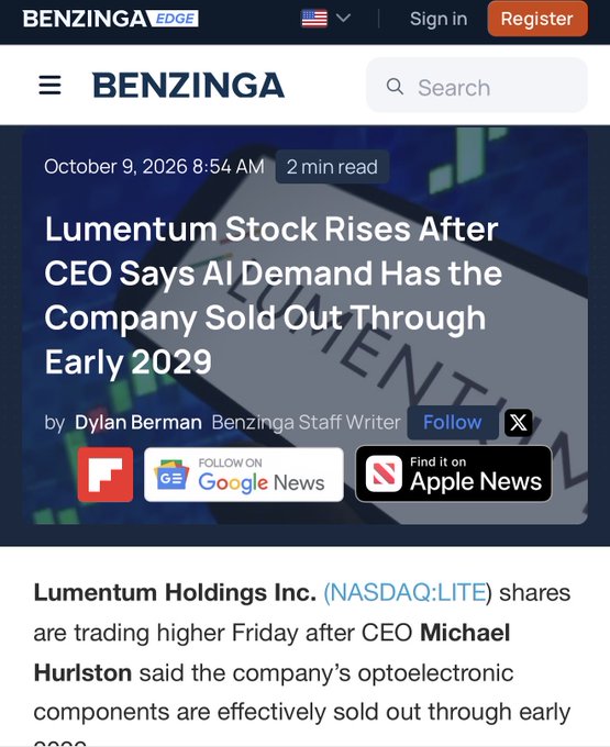 A Benzinga news article screenshot with the headline 'Lumentum Stock Rises After CEO Says AI Demand Has the Company Sold Out Through Early 2029,' dated October 9, 2026, discussing NASDAQ:LITE.