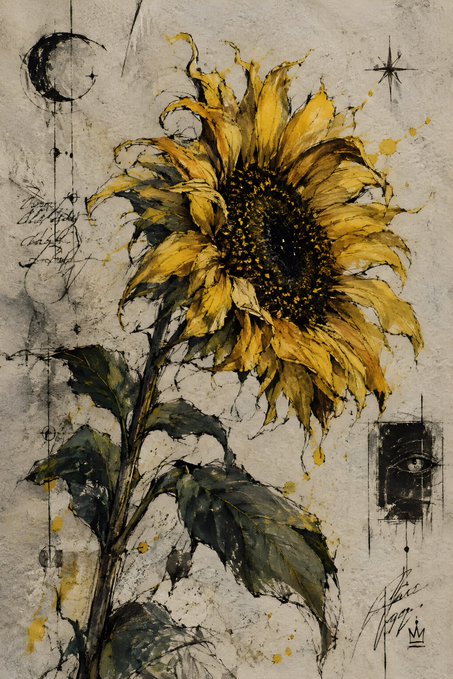 A mixed-media style painting of a large, detailed yellow sunflower with dark green leaves, accompanied by a crescent moon, stars, and an eye motif on a textured, parchment-like background.