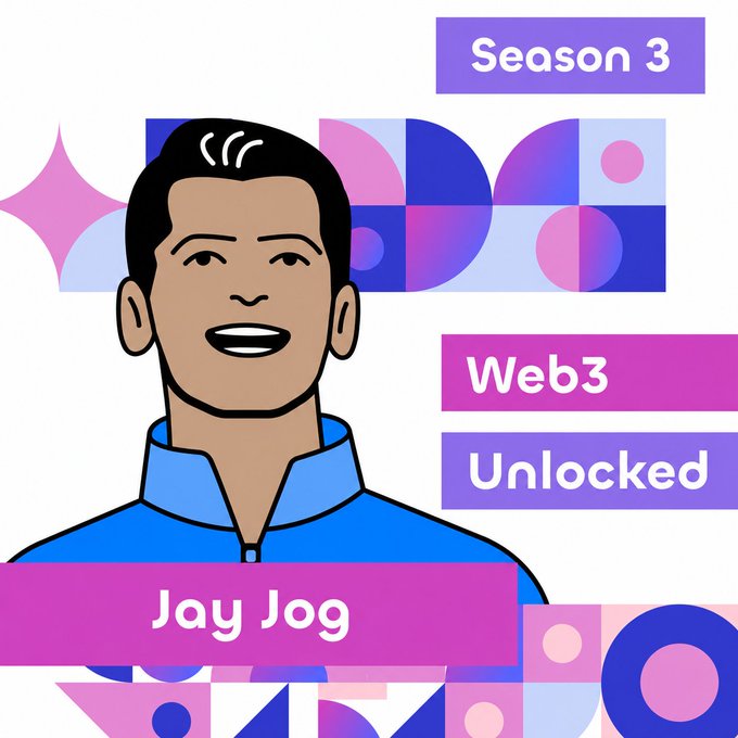 An illustrated portrait of Jay Jog accompanies the announcement of his appearance on the "Web3 Unlocked" Season 3 podcast, where he discusses his journey from traditional finance at Robinhood to founding Sei Network.