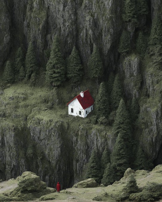 A surreal landscape featuring a small white house with a red roof perched on a cliff face, with a tiny figure in a red coat standing in the mossy foreground.