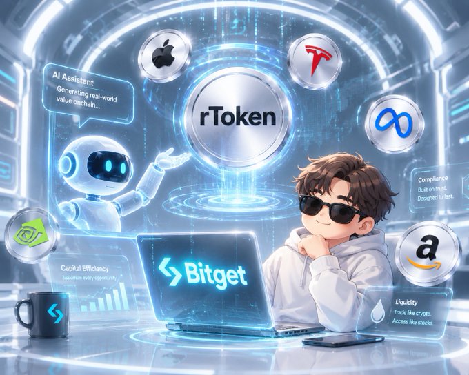 A young trader in sunglasses works on a Bitget-branded laptop surrounded by a glowing futuristic interface featuring an "rToken" hub, an AI assistant, and major logos (Apple, Tesla, Meta, Amazon), along with tags like "Capital Efficiency" and "Liquidity: Trade like crypto. Access like stocks," visually illustrating how rToken bridges crypto trading with tokenized equities.
