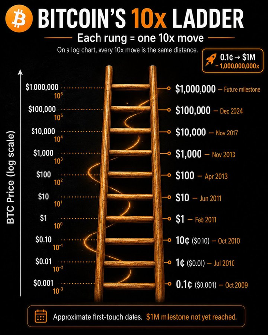 The graphic, titled "BITCOIN'S 10x LADDER," illustrates Bitcoin's historical price progression on a logarithmic scale, with each rung representing a 10x increase from $0.001 in Oct 2009 to $100,000 in Dec 2024, noting the $1M milestone remains unreached. The accompanying post emphasizes how Bitcoin has consistently climbed this same 10x ladder over 17 years, reinforcing the visual's message that each step represents an equal distance on a log chart.