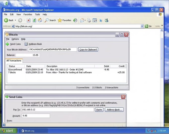 The image shows a computer screen displaying a webpage about Bitcoin, with a message that reads "当年不懂电脑的，你肯定不会买。 2009年的比特币你见过吗?". The post is titled " Bitcoin.org", and it appears to be a discussion about Bitcoin, possibly related to the current year or an event that occurred in 2009.