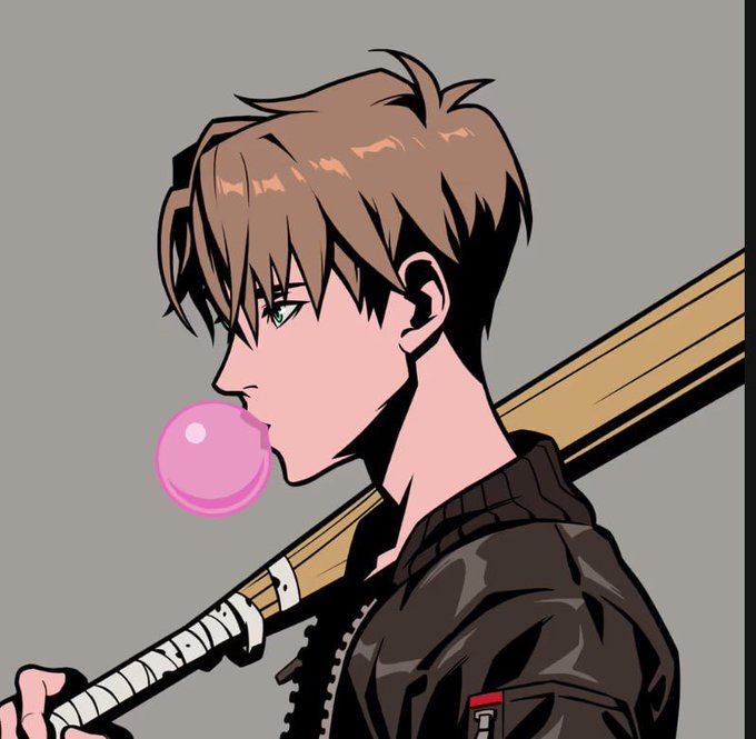 An anime-style digital illustration of a brown-haired character with green eyes in profile view, blowing a pink bubblegum bubble while carrying a bat/sword over their shoulder.