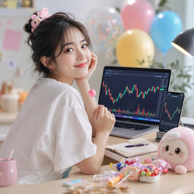 The image features a young woman sitting at a desk with her laptop, cell phone, and other items such as candy and stuffed animals around her. She has a smile on her face while posing for the photo. The background of the image shows balloons floating in the air, adding a festive atmosphere to the scene. The post includes text that reads "Quết tế Thiếu nhi năm nây nhìn lớn khóc vì mất kẹo. Người lớn khóc vì vừa".