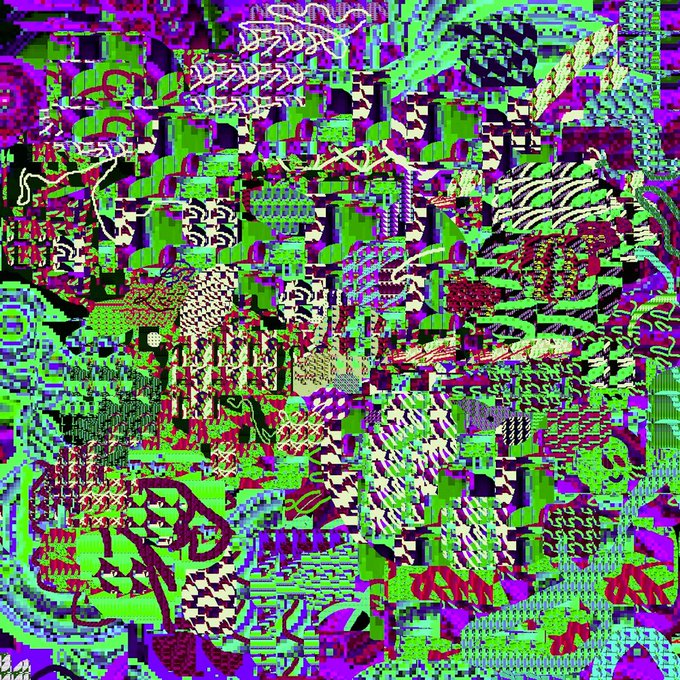 A chaotic, abstract digital pattern densely packed with neon green, purple, and black shapes, symbols, and textures.