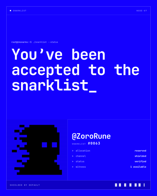 A blue digital graphic with the text 'You've been accepted to the snarklist_' and a profile card for '@ZoroRune' showing Snarklist #0063 with status 'verified' and allocation 'reserved'.