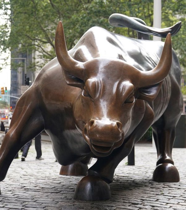 The bronze Charging Bull statue stands on a cobblestone street in a city setting, its head lowered and horns pointed forward.