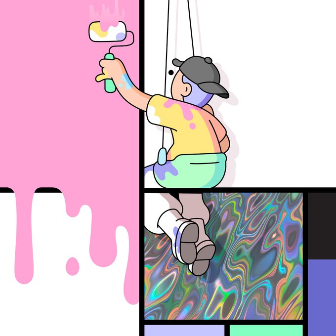 The image features an illustration of a man painting a wall with a roller brush, wearing a yellow shirt and a hat. The background shows a pink and white color scheme, which contrasts with the man's colorful attire. The text "No way! I got a Holo version of the Piet Mondrian x @doodles" is present in the image, suggesting that the artist has created an alternate reality or a digital representation of the famous painting by Piet Mondrian using their own style and techniques.