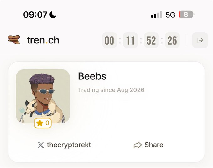 A screenshot from tren.ch showing a countdown timer at 00:11:52:26, with a profile for 'Beebs' trading since Aug 2026 and handle 'thecryptorekt'.