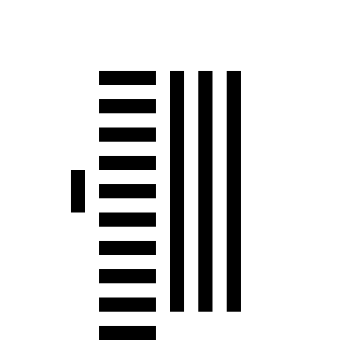 A black and white graphic design features horizontal bars and vertical lines with a single dash on the left side.