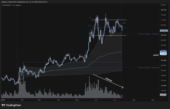 A TradingView chart of HYPERUSDT on Binance shows price declining from a ~$76 high in June to around $60, with volume trending downward and a 2.13 FIB level near $63.89 marking potential support. This visualizes the post's view that HYPE's recent weakness, alongside shrinking volume and competition from newer perp DEXs, may present a buying opportunity while Hyperliquid remains a sector leader.