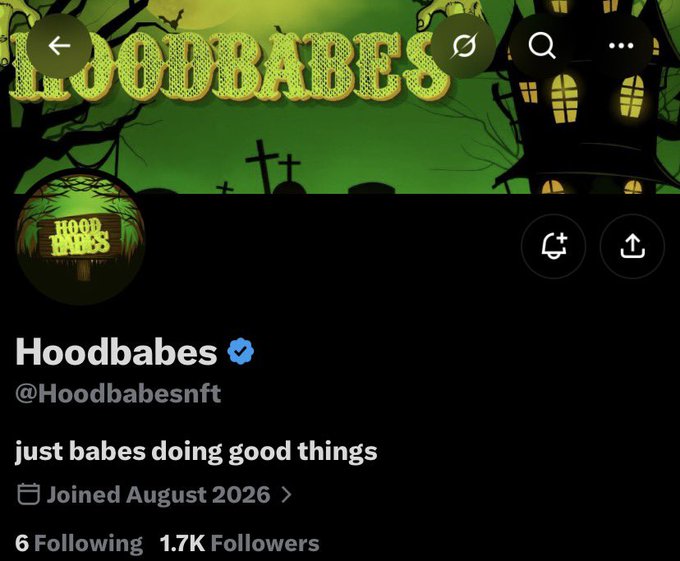 A Twitter/X profile for 'Hoodbabes' (@Hoodbabesnft) with a verified checkmark, Halloween-themed banner featuring a haunted house, bio 'just babes doing good things', joined August 2026, with 1.7K followers and 6 following.