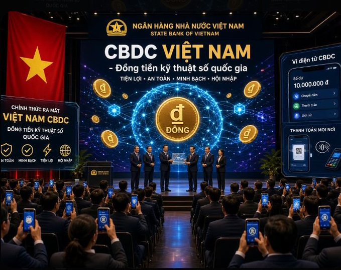 A formal launch event for Vietnam's national digital currency ('CBDC VIỆT NAM - Đồng tiền kỹ thuật số quốc gia') hosted by the State Bank of Vietnam, featuring officials on stage before an audience holding up phones.