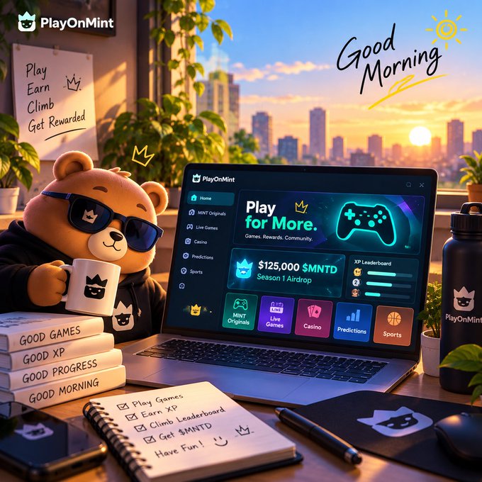 A promotional image for 'PlayOnMint' features a bear mascot in sunglasses holding a coffee mug beside a laptop displaying the platform's interface, with 'Good Morning' text and a checklist reading 'Play Games, Earn XP, Climb Leaderboard, Get $MNTD'.