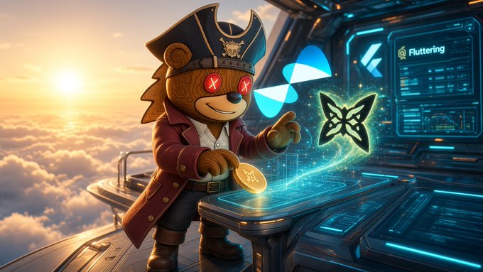 An animated pirate bear wearing a tricorn hat holds a Bitcoin coin while standing at a futuristic console displaying "Flutter," the Flutter logo, and a butterfly emblem, set against a sky-high sunset cloudscape—visually echoing the post's mention of a simple test swap on QuipSwap and the post-quantum security promised by @quipnetwork.