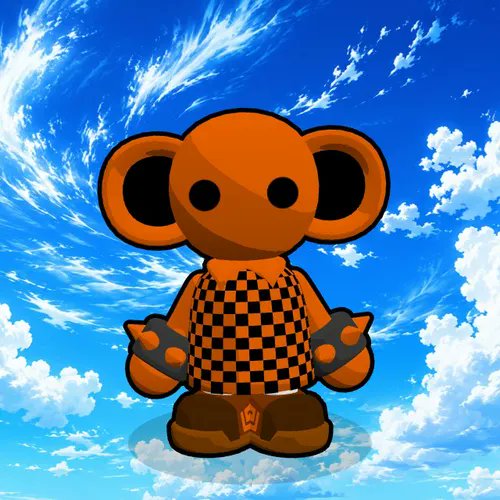 A stylized illustration depicts a brown bear-like character with large round ears wearing a black and orange checkered apron, set against a bright blue sky with scattered clouds.