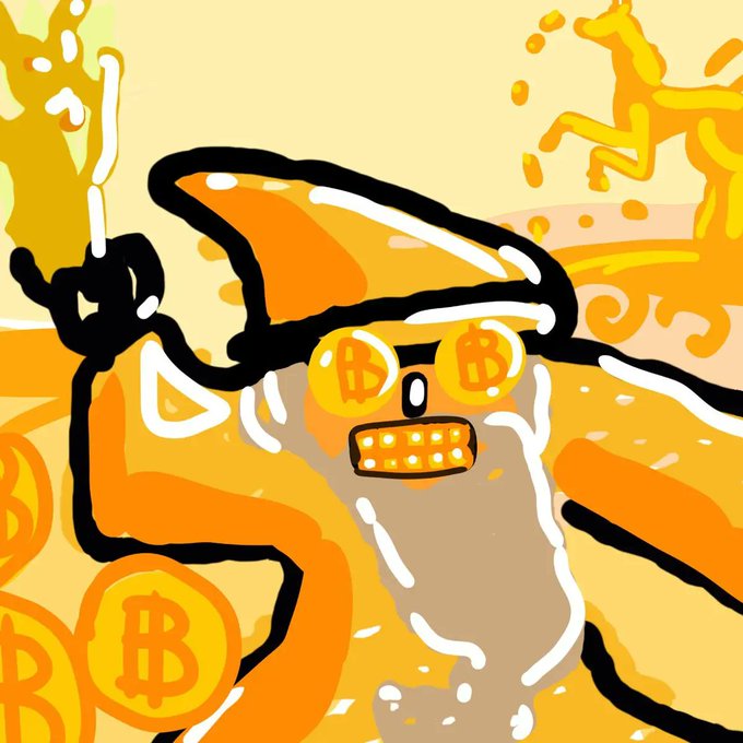 A cartoonish wizard with Bitcoin-themed orange "₿" glasses and gritted teeth raises a finger upward, surrounded by gold Bitcoin coins and an orange-yellow palette that evokes the Bitcoin color scheme. The image serves as the 189th entry in the "10,000 Bitcoin Wizards" collection, waiting for BTC to reach $1,000,000.