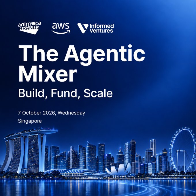 A promotional poster for 'The Agentic Mixer' event on 7 October 2026 in Singapore, featuring the Animoca Brands, AWS, and Informed Ventures logos over a nighttime Singapore skyline.