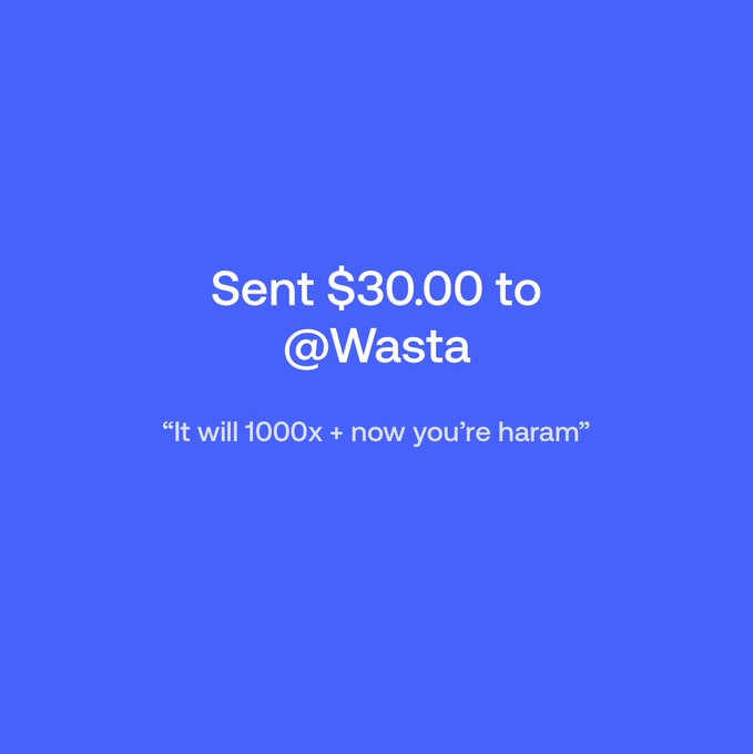 A blue digital payment confirmation screen reading 'Sent $30.00 to @Wasta' with the humorous quote 'It will 1000x + now you're haram' displayed below.