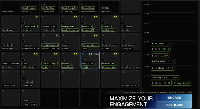 A digital calendar interface displaying various NFT projects and events, with an ad at the bottom stating 'MAXIMIZE YOUR ENGAGEMENT' and 'FREE USE'.