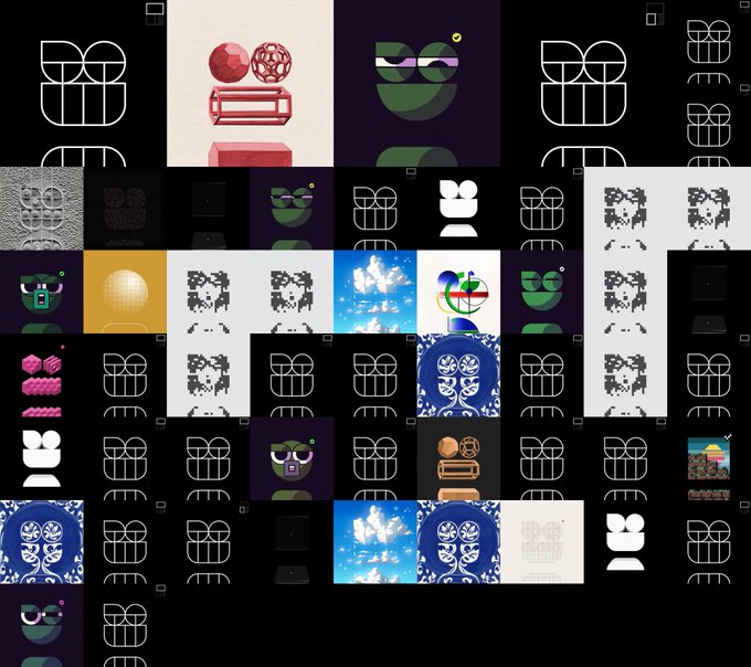 A grid collage of various images, textures, and graphic design assets including a stylized 'B' logo, pixelated figures, clouds, geometric patterns, and landscape photos on a black background.