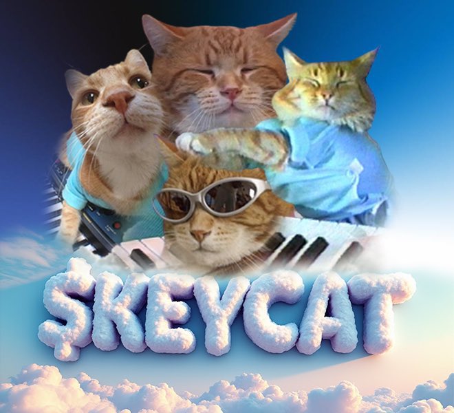 "The ticker is $KEYCAT", which appears at the bottom of the image, indicating that it's a sponsored post for a cat-themed event or product. The image features three cats wearing sunglasses and shirts, with one holding a keyboard in its paws.