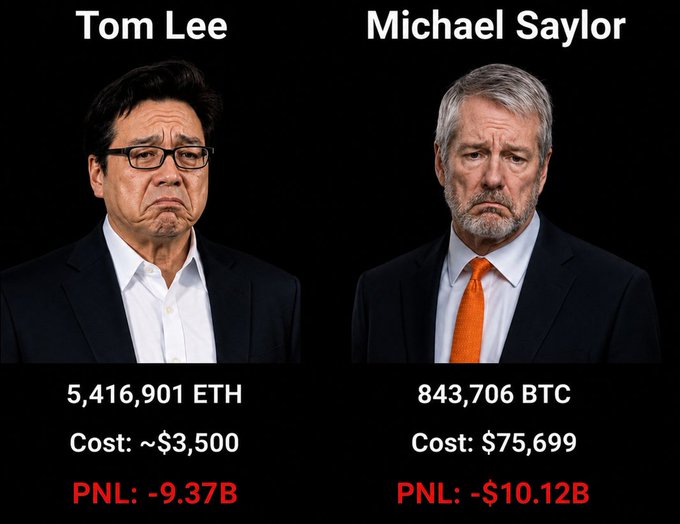 The image is a chart or infographic that displays two men's names, Tom Lee and Michael Saylor, along with numbers such as 5.46E8 and 843.7BTC respectively for Bitcoin transactions and Ether. The chart also includes a bar graph comparing the two amounts. The main content of the post emphasizes the comparison between these two assets in terms of currency value or transaction worth.